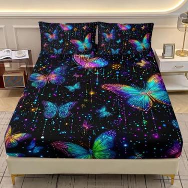 Imagem de AILONEN Jogo de lençol com elástico colorido borboletas brilhantes com 2 fronhas, tamanho solteiro leve para todas as estações, boêmio céu estrelado, microfibra macia, 1 bolso profundo + 2 fronhas, 3
