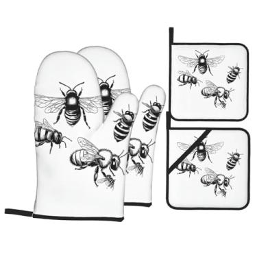 Imagem de Bee Love - Conjunto de luvas de cozinha estampadas com suportes de tampa, luvas de forno resistentes ao calor para manusear panelas quentes, grelhar, churrascos, kit de 4 peças.