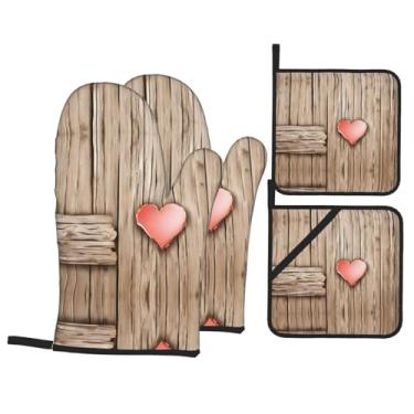 Imagem de Conjunto de luvas de cozinha estampadas de coração de madeira com suportes de tampa, luvas de forno resistentes ao calor para manusear panelas quentes, grelhar, churrascos, kit de 4 peças.