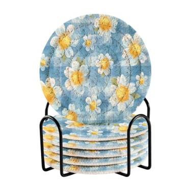 Imagem de Qilmy Conjunto de 6 peças para copos de flores de margaridas bonitas ou porta-copos de bar para bebidas, porta-copos de fazenda ou porta-copos de mesa rústicos, porta-copos modernos de algodão para o