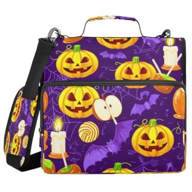 Imagem de STAYTOP Fichário escolar de abóbora de Halloween com alça de ombro, anéis de vedação de 3,8 cm, capacidade para 600 folhas, pasta de arquivos expansível, vários bolsos e organizador de armazenamento
