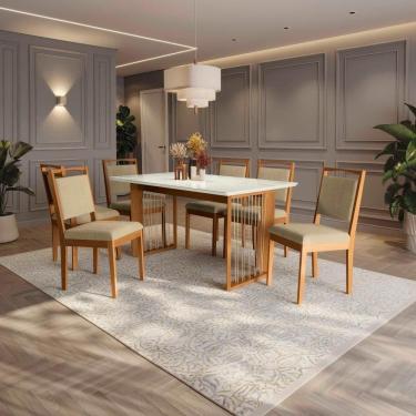 Imagem de Conjunto Sala De Jantar Lina Em Madeira Maciça 6 Cadeiras Boucle Bege