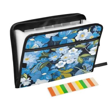 Imagem de Wassud Pasta organizadora de arquivos de papel A4 com estampa de acordeão de flor azul com etiquetas pasta de arquivo expansível com 13 bolsos