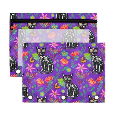 Imagem de Wassud Bolsa de lápis para fichário de 3 anéis preto esqueleto gatos bolsas com zíper serve para fichários padrão estojo de lápis para escritório, pacote com 2