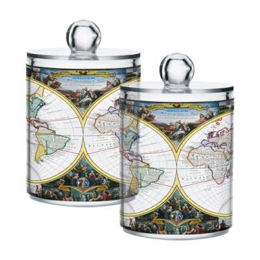 Imagem de STAYTOP 4 frascos de boticário com dispensador Qtip para banheiro com etiquetas – Recipiente de armazenamento Qtip de plástico transparente para bola de algodão, cotonete, mapa do mundo colorido em