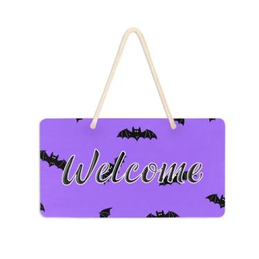 Imagem de Burbuja Placa de boas-vindas Bats on Purple para porta da frente, placa de boas-vindas de PVC para decoração de férias, 15 x 28 cm