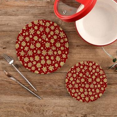 Imagem de CEBUGI Conjuntos de suportes de panela redondos de algodão para panelas quentes resistentes ao calor para cozinhar e assar, 2 peças de flocos de neve dourados