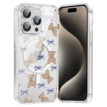 Imagem de FBHGLOA Capa de telefone para iPhone 15 Pro de 6,1 polegadas, lindo nó de laço, compatível com MagSafe, design de urso de fita estética, à prova de choque, antiamarelamento, capa magnética