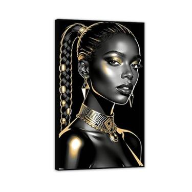 Imagem de Arte de parede em tela de mulher negra, pôsteres de fotos de mulheres negras, pintura impressa para sala de estar, quarto, decoração de casa, pronto para pendurar, moldura preta 40 x 70 cm (16 x 28