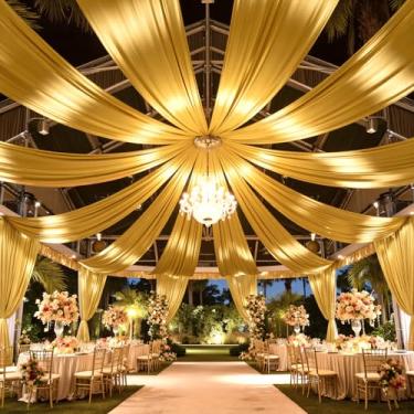 Imagem de gogoparti Cortinas de fundo douradas brilhantes de 3 x 10 m para festas de casamento - 2 painéis de cortinas extra longas de 1,5 x 10 m, inclui dois bolsos de mastro, tecido sem rugas para decoração