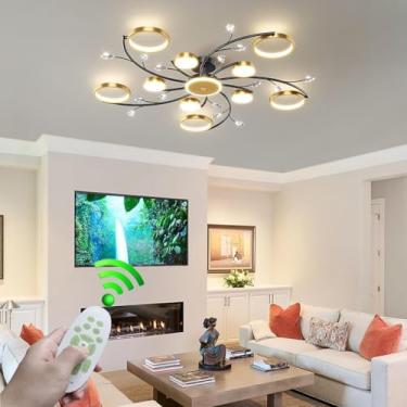 Imagem de Luminária de teto moderna de cristal com LED e controle remoto para ajuste de intensidade, ideal para sala de estar. Lustre elegante em alumínio dourado com cúpula de acrílico, perfeito para