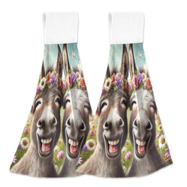Imagem de Toalhas de mão de cozinha com laço para pendurar lindos burros rindo forno toalhas de dedo conjunto de 2, toalhas de cozinha absorventes macias e fofas decorativas, 45 x 35 cm