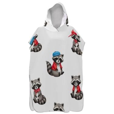 Imagem de Joisal Roupão de mudança de poncho de surfe branco fofo guaxinim para toalha de natação com capuz fofo absorvente unissex poncho adulto com capuz