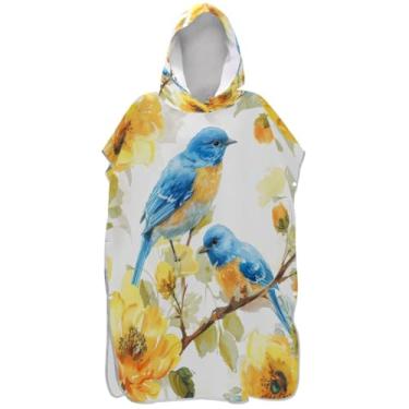 Imagem de Joisal Poncho de surfe trocador para adultos toalhas de banho com capuz absorventes pássaros azuis vintage floral masculino poncho com capuz