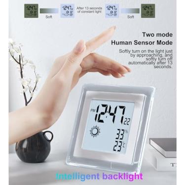 Imagem de Dioche Despertador Eletrônico Multifuncional Com Sensor de Corpo Humano Previsão do Tempo Temperatura Umidade Display LCD Retroiluminação para Quarto Escritório Casa 12,3 Cm X 12,3 Cm