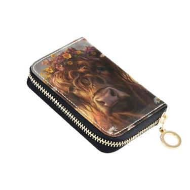 Imagem de Carteira feminina com porta-cartões de crédito com bloqueio de RFID, pequena bolsa de moedas com zíper, lindas flores de vaca Highland
