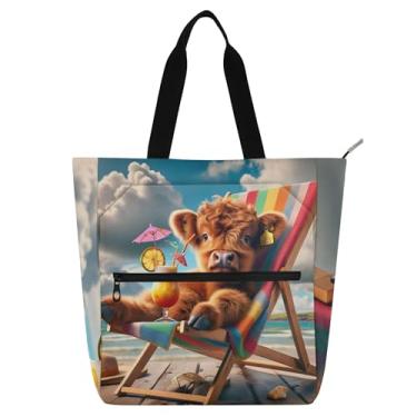 Imagem de Highland Cow Bolsa de praia de verão feminina bolsa de trabalho de lona com zíper, bolsas para professores, presente para amantes de livros