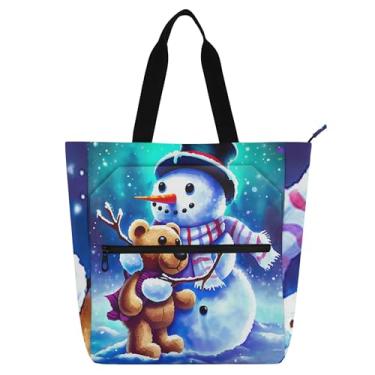 Imagem de GAIGEO Bolsa de trabalho feminina com ursinho de pelúcia abraçando boneco de neve, bolsa de lona para livro de praia com zíper, bolsas de tecido com compartimentos