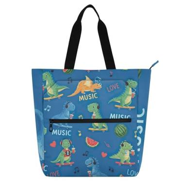 Imagem de Sacola feminina de trabalho de dinossauros com desenho animado de lona com zíper bolsa de praia para professores e amantes de livros presentes
