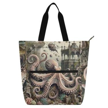 Imagem de GAIGEO Bolsa feminina fantasia vintage polvo para trabalho, lona, praia, escola, bolsa de mão para uso diário com compartimentos