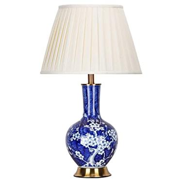 Imagem de Abajur de mesa com esmalte azul, luminária de cabeceira para quarto, porcelana Jingdezhen pintada à mão com motivos de flor de ameixeira, luminária de mesa grande de cerâmica oriental com va