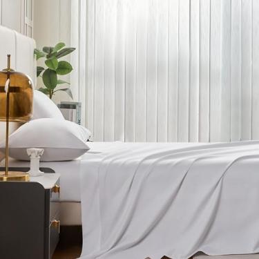 Imagem de Volcano King Coffee Jogo de lençol 100% algodão com 4 peças, estilo minimalista - Lençóis de cama com lençol de cima, lençol com elástico e 2 fronhas | Leve, macio, durável e fácil de cuidar (branco