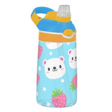 Imagem de Cute Bears Garrafa de água azul morangos infantil com canudo 473 ml 473 ml Garrafa de água de plástico Tritan portátil à prova de vazamento para crianças, reutilizável, alça de transporte