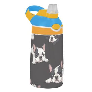Imagem de Garrafa de água infantil Tritan de 473 ml, reutilizável, garrafa de água esportiva de 473 ml, com canudo à prova de vazamento, copo infantil portátil, alça de transporte, lindos cães pretos e brancos