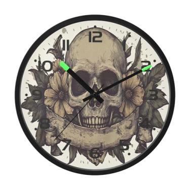 Imagem de SEHANY Relógio artístico de parede de caveira silencioso, sem tique-taque, relógio redondo operado por bateria, controle de som, luz noturna, relógios de parede para sala de estar, cozinha, quarto