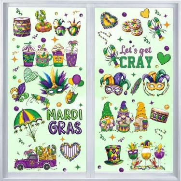 Imagem de Decoração de adesivos de janela de carnaval, 9 folhas, verde, amarelo, roxo, fofo, gnomo, máscara, lagosta, janelas, adesivos para casa, Let's Get Cray, decalques engraçados, decorações de festa para