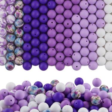 Imagem de HHCFAST 150 contas de silicone de cor mista de 15 mm para fabricação de chaveiros, contas de silicone com estampa roxa branca para canetas e pulseiras