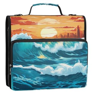 Imagem de Fichários personalizados de 3 cm, 3 anéis, resistente, onda do mar, pôr do sol, organizador de fichário com zíper, estojo de armazenamento com alça e bolsa escolar