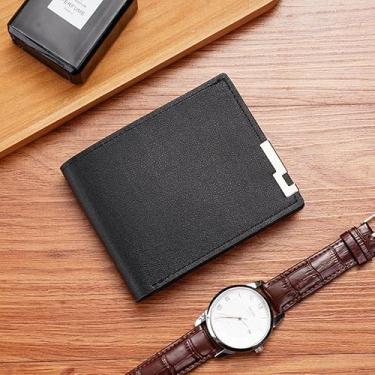 Imagem de Carteira masculina dobrável fina de couro PU com design compacto e detalhes metálicos, Preto, Elegante