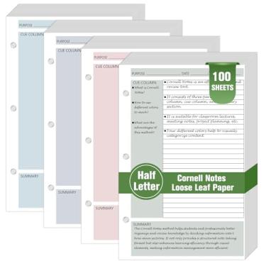 Imagem de 100 folhas coloridas Cornell Notes Planner, refil de papel para fichário de 3 anéis, caderno de espaçamento de 1/12.7 cm, espaçamento de 1/12.7 cm, sistema de coleta de papel de folha solta, papel de