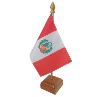 Imagem de Bandeira de Mesa Elegance do Peru, Decorativa, Dupla Face, Multicolorido, 19x30cm, Base em Madeira Natural, para Escritório, Eventos e Decoração