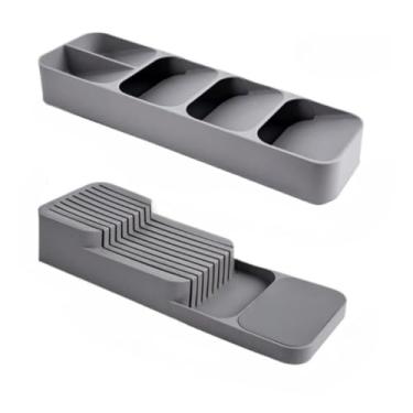 Imagem de Kit Porta Talheres E Facas Organizador De Gaveta Divisórias 39.5cm x 11.5cm x 5.5xcm para Cozinha Brasileira, Acomoda 5 Facas Grandes e 4 Pequenas(Cinza)
