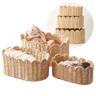 Imagem de Conjunto de 3 cestas recortadas, cestas de armazenamento de vime – organizador de berçário de corda de papel tecido à mão para organizador de fraldas, brinquedos e prateleiras de bebê, natural (40 x