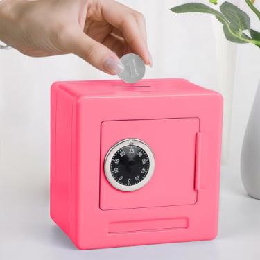 Imagem de Cofrinho, caixa pequena com trava de combinação, caixa de dinheiro de metal com compartimento para economizar dinheiro, 12,7 x 12,7 x 9,5 cm, rosa