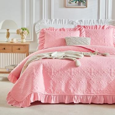 Imagem de Conjunto de colcha de babados tamanho king 244 x 274 cm - 3 peças de roupa de cama rústica com babados para mulheres e homens, rosa