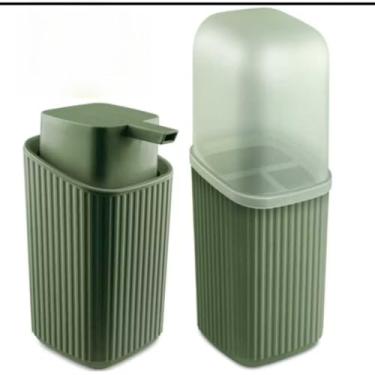 Imagem de Kit 2 Pecas Banheiro Porta Escovas Pasta e Porta Sabonete Liquido Dispenser 400Ml Pratico Resistente Anti Derrapante (Verde)