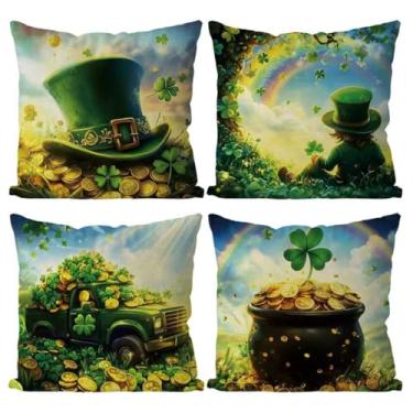 Imagem de GAGEC Capas de almofada de Dia de São Patrício 50 x 50 cm, conjunto de 4 chapéus, moedas, arco-íris, fronha de almofada para decoração de sofá de casa