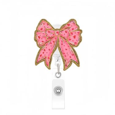 Imagem de Carretel retrátil para crachá de coração rosa, laço para dia dos namorados, brilhante, dourado, porta-crachá, clipe retrátil para crachá de identificação de trabalho para enfermeiras, estudantes de
