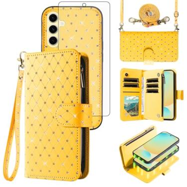 Imagem de Capa carteira compatível com Samsung Galaxy S24 FE 5G com zíper e protetor de tela de vidro temperado alça transversal flip flip porta-cartões capa de telefone para S 24 EF AI S24FE 24S feminino