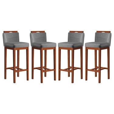 Imagem de Conjunto 4 Banquetas Alta Em Madeira Maciça Libéria Ccs Interiores Pinhao/cinza