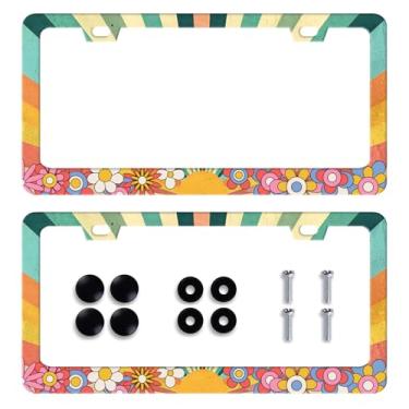 Imagem de 2 peças Arco-íris Retrô Sol Moldura de Placa de Licença Boho Hippie Flores Molduras Engraçado Auto Acessório Suporte de Aço Inoxidável Placa de Licença para Mulheres Homens 6 x 12 Polegadas