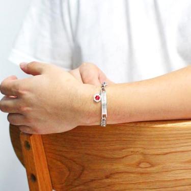Imagem de Pulseira personalizada de identificação médica gravada para doenças, pulseira de saúde gravada com identificação à prova d'água, pulseiras sólidas de elos cubanos, aço inoxidável, 20 cm + 5 cm