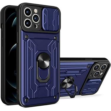 Imagem de AEHON Capa para iPhone 14/14 Pro/14 Pro Max/14 Plus, proteção da câmera deslizante resistente resistente capa de metal resistente anti-queda à prova de poeira capa anti-impressão digital com função de suporte (cor: azul,