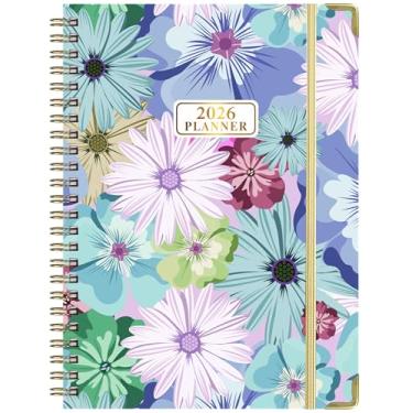 Imagem de Agenda semanal e mensal 2026, média 15 x 21 cm, capa dura com design floral, calendário de janeiro a dezembro, encadernado em espiral com abas mensais, papel 100 GSM (flor azul puple)
