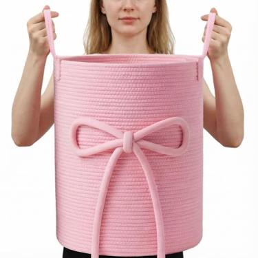 Imagem de Glooglitter Cesta de roupa suja com laço rosa, grande, cesta de corda de algodão, armazenamento com alças para roupas, cobertor, brinquedos, almofada, toalhas, sala de estar, banheiro