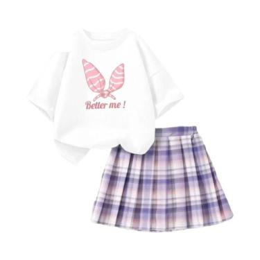 Imagem de Conjunto De Verão Para Meninas: Camiseta Rosa Com Laço E Saia Xadrez, 